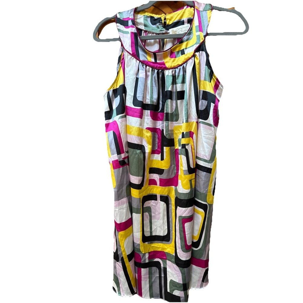 VTG Charly Madison Multicolor Satin short sleeveless dress Geometric SZ M USA